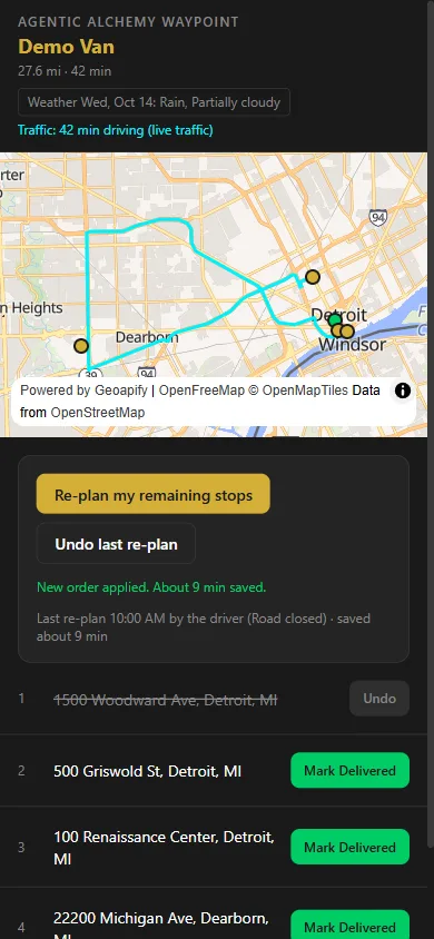 Applied re-plan on a phone with the new route drawn on the map, live traffic drive time, the forecast and an undo button