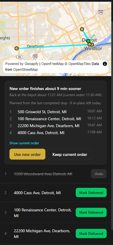 Re-plan preview on a phone: new order finishes about 9 minutes sooner, with an arrival time for every remaining stop