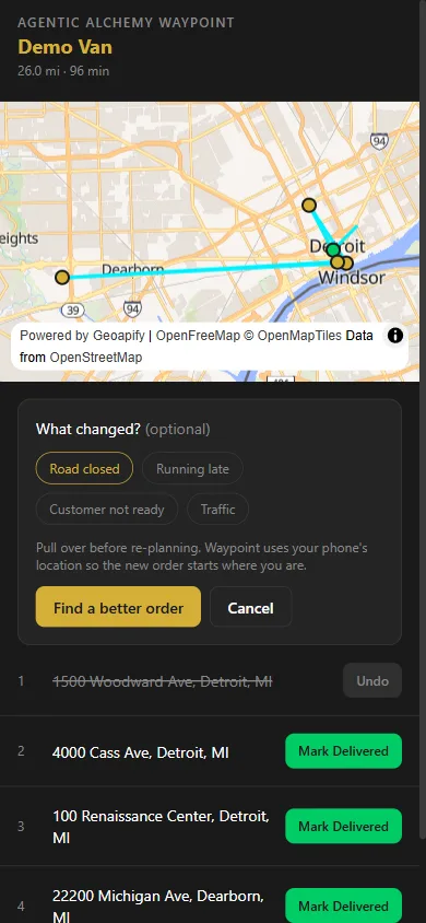 Re-plan screen on a phone asking what changed: road closed, running late, customer not ready or traffic