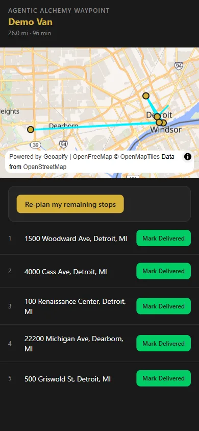 Driver link on a phone: the route map and the list of stops with Mark Delivered buttons